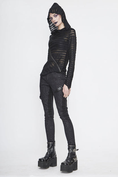 Black Punk Circuit Printed Leather Loops Womens Pants