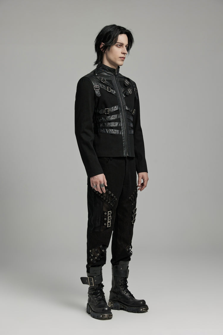Black Round Collar Multi-Buckles Straps Faux Leather Men's Punk Jacket