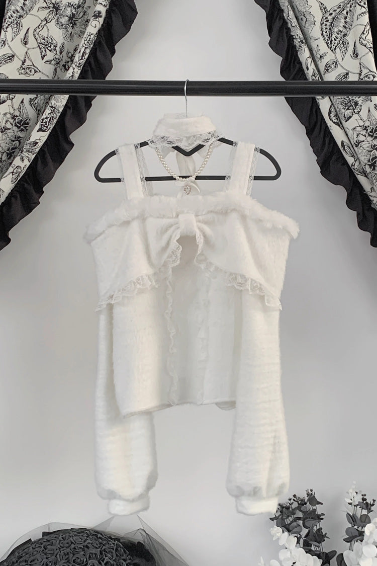 Jirai Kei Off Shoulder Long Sleeves Lace Sweet Japanese Fleece-Lined Top 3 Colors