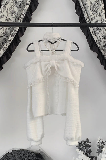 Jirai Kei Off Shoulder Long Sleeves Lace Sweet Japanese Fleece-Lined Top 3 Colors