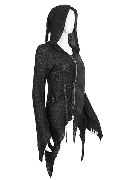 Black Vintage Hooded With Leather Details Women's Punk Jackets