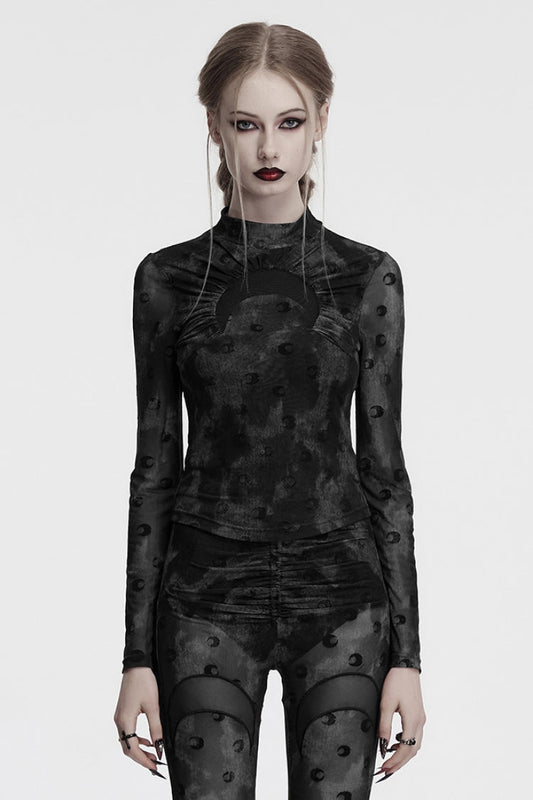 Grey Moon Print Mesh Ruched Women's Gothic Blouse