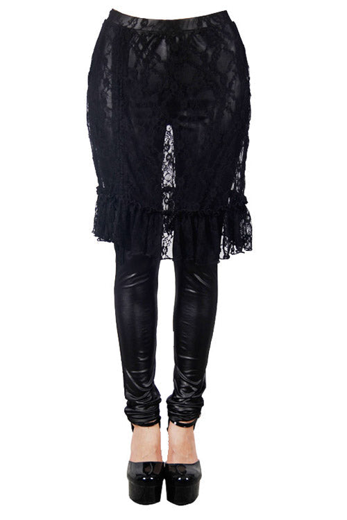 Black Rose Lace Mesh Outer Skirt Gothic Faux Leather Womens Pants