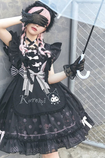 Black Short Sleeves Kulomi Print Ruffle Bowknot Alice Sweet Lolita Dress