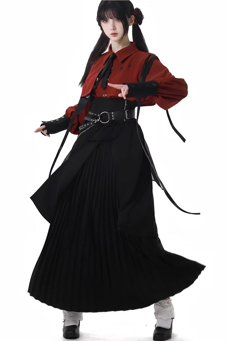 Red/Black [Moonlight Flowing] Long/Short Sleeves Ruffled Asymmetric Gothic Jirai Kei Skirt Set
