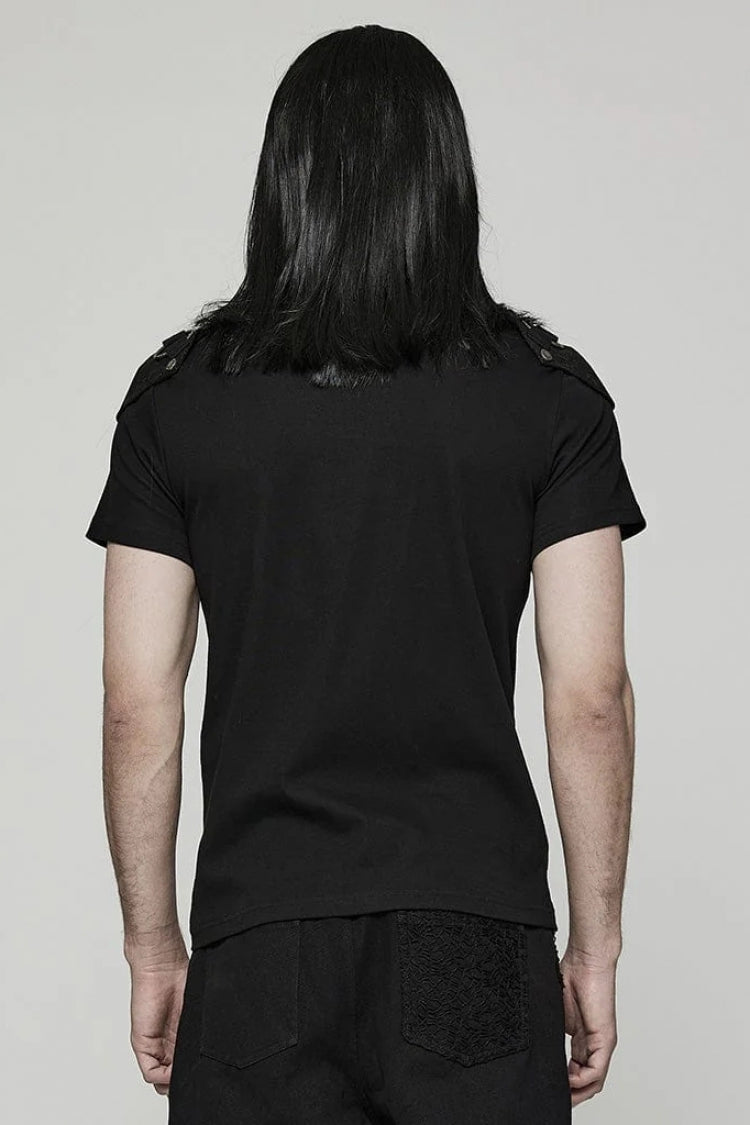Black Short Sleeves Detachable Shoulder Pad Hollow Mens Steampunk T-Shirt