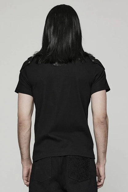 Black Short Sleeves Detachable Shoulder Pad Hollow Mens Steampunk T-Shirt