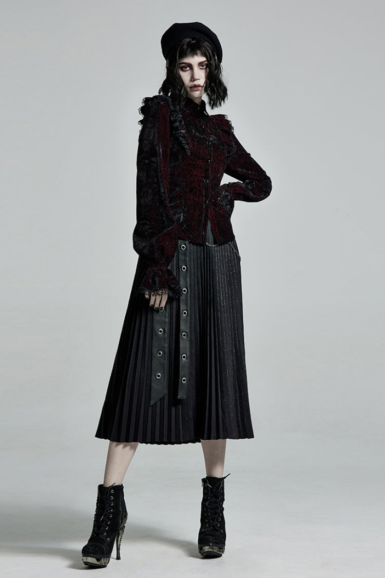 Black/Red Stand Collar Floral Embroidery Lace Women's Gothic Blouse