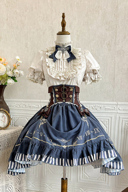 Blue Middle Ages Ruffle Embroidery Bowknot Classic Punk Vintage Lolita Skirt Full Set