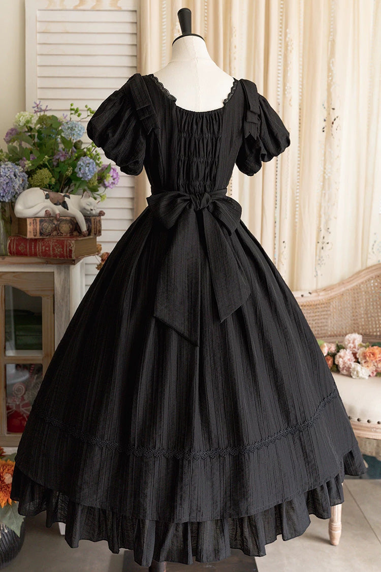 Black [Forest Gallery] Square Collar Short Sleeves Ruffled Bow Classic Vintage Elegant Lolita Dress