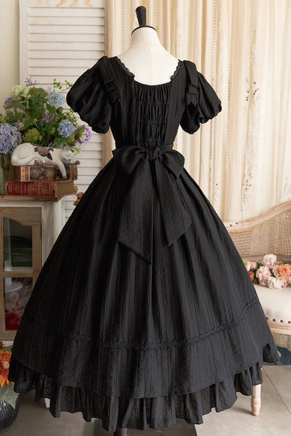 Black [Forest Gallery] Square Collar Short Sleeves Ruffled Bow Classic Vintage Elegant Lolita Dress