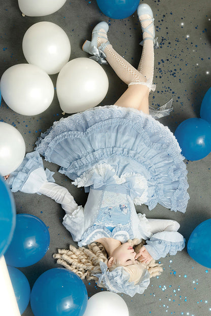 Blue [Whale] Lapel Collar Short Sleeves Triple-Layered Ruffle Embroidery Sweet Lolita Dress