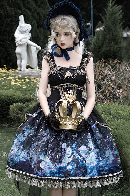 Black Ruffled Bow Star Moon Mermaid Print Gothic Lolita JSK Dress