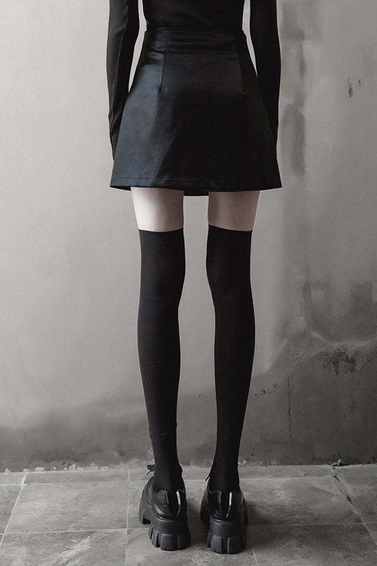 Black Rivet Lace A Version Slit Leather Women's Punk Skirt