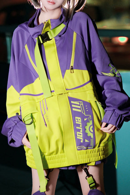 Neon Purple/Green [Zero-Type Transformation] Techwear Long Sleeves Embroidered Hooded Punk Jirai Kei Shorts Coat Set