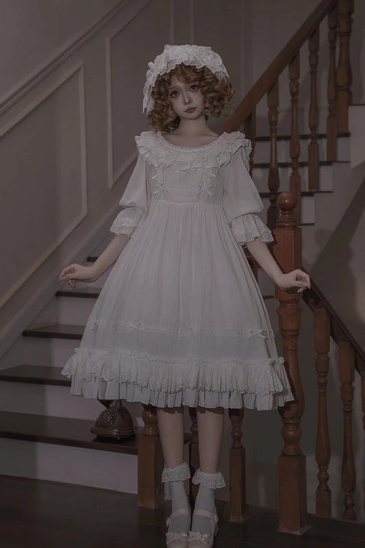 White [Good Morning] Short Sleeves Ruffle Bowknot Lace-Up Gothic Lolita Dress