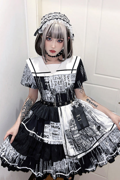 Black Short Sleeves Multi-Layered Print Ruffle Bowknot Asymmetric Punk College Style Lolita Dress