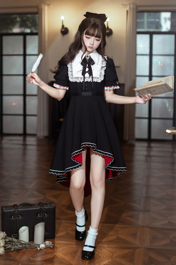 Black/White [Rosalind] Lapel Collar Short Sleeves Bow Lace Gothic Maid Lolita Dress