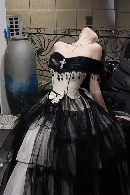 Black/White Ruffle Hanayome Lace Lace-Up Gothic Plus Size Lolita Jsk Dress (Long Version)