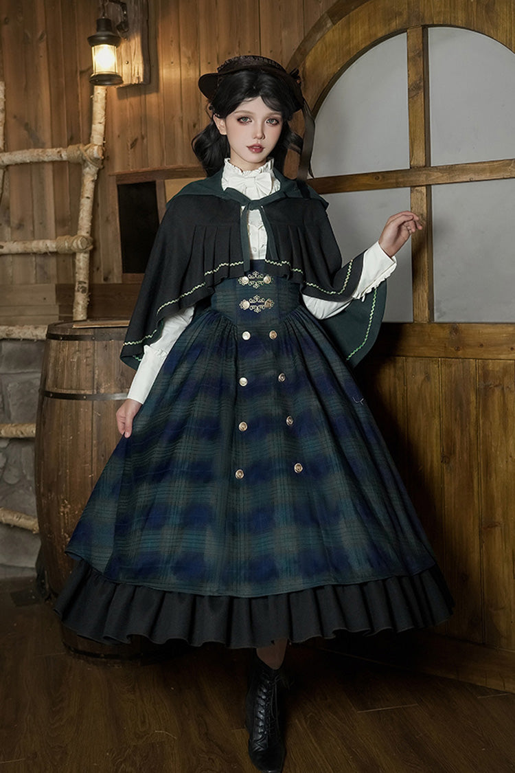 Blue/Green [Berlin's letter] Double-Layered Plaid Print Ruffle Bowknot Classic College Style Lolita Strap Dress Set 2 Versions