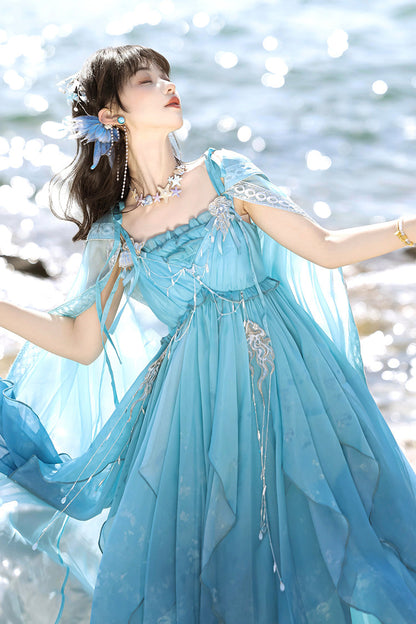 Blue [Ocean Sprite] Gradient Print Irregular Hooded Sweet Lolita Jsk Dress Cloak Set