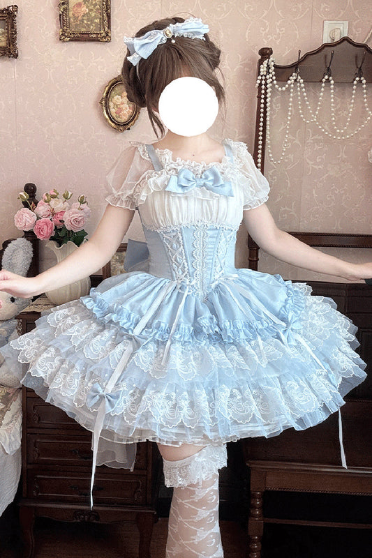Blue [Dance of Time] Sleeveless Triple-Layered Ruffle Bowknot Lace Lace-Up Sweet Ballet Lolita Jsk Dress