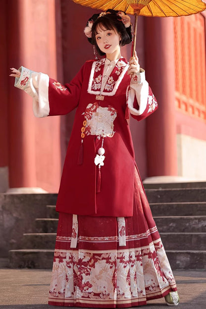 Red Classic Chinese Style V Collar Embroidery Long Sleeves Womens Hanfu Three Piece