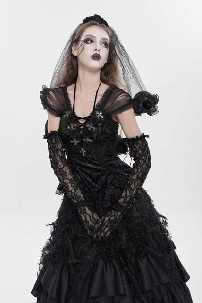 Black V Collar Short Sleeves Embroidered Lace Lace-Up Slim Women's Gothic Top