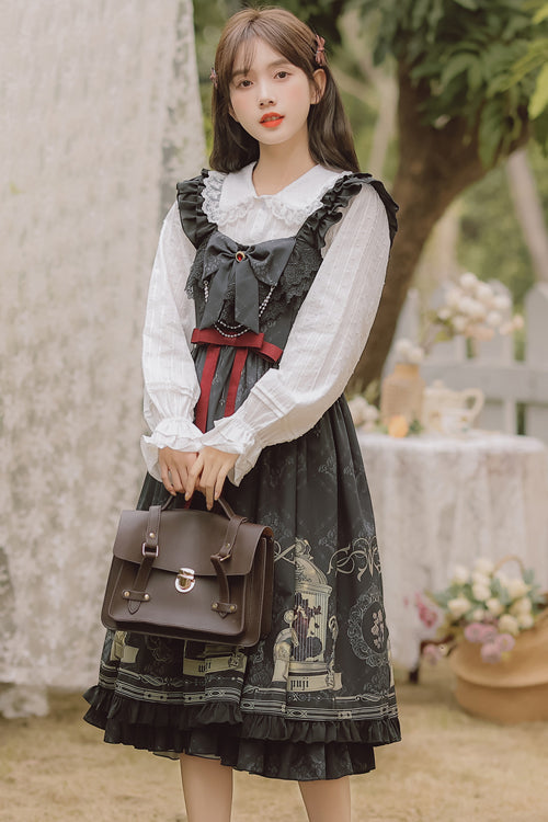 Black Ruffled Strap Court Print Front And Back Bow Classic Lolita JSK Dress