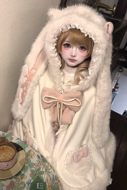 Ivory Cloud-Like Plush Bunny Ear Embroidered Bow Lace Sweet Lolita Cape Coat
