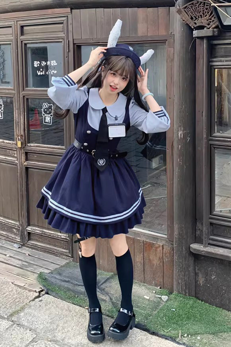 Blue [Rabbit Officer] Long Sleeves Printed Ruffled Faux Two-Piece College Style Sweet Lolita Dress