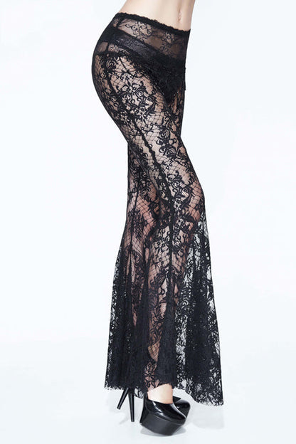 Black Sexy Transparent Lace Bellbottoms With Bead Chain Womens Pants