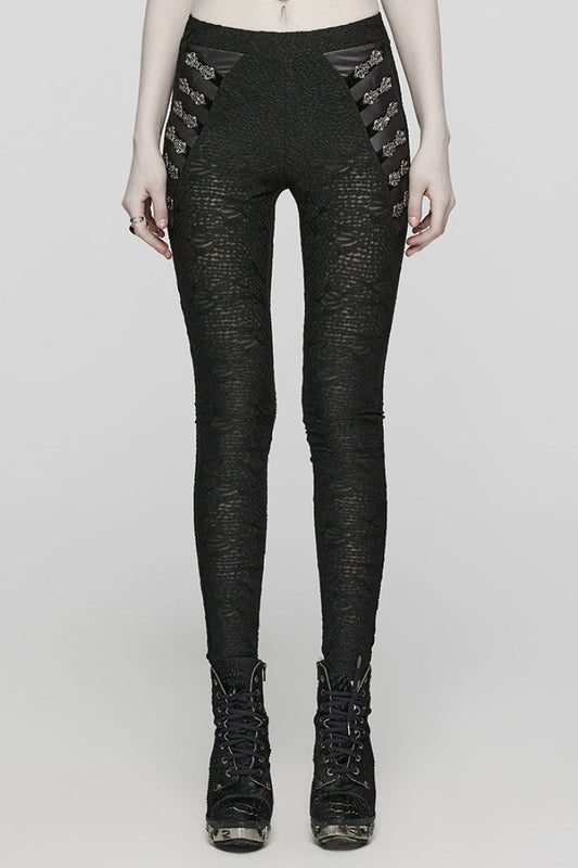 Black Print Slim Mesh Button Decoration Women's Gothic Leggings