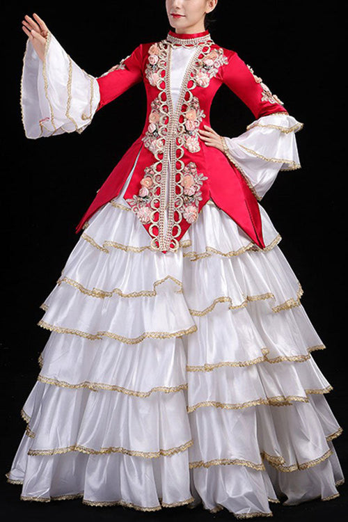 Multi-Layer Hime Sleeves High Waisted Three Dimensional Flower Print Victorian Lolita Prom Tiered Dress