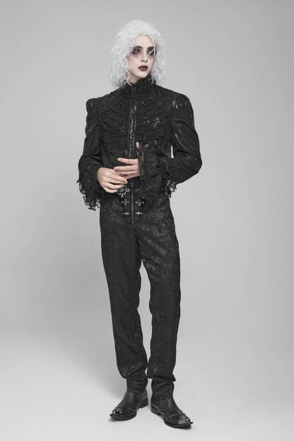 Black Stand Collar Long Puff Sleeves Embroidery Stitching Lace Men's Gothic Blouse