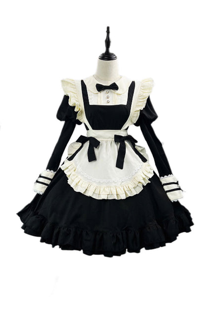 Black/White Maid Long Sleeves Ruffle Bowknot Sweet Plus Size Lolita Dress Full Set