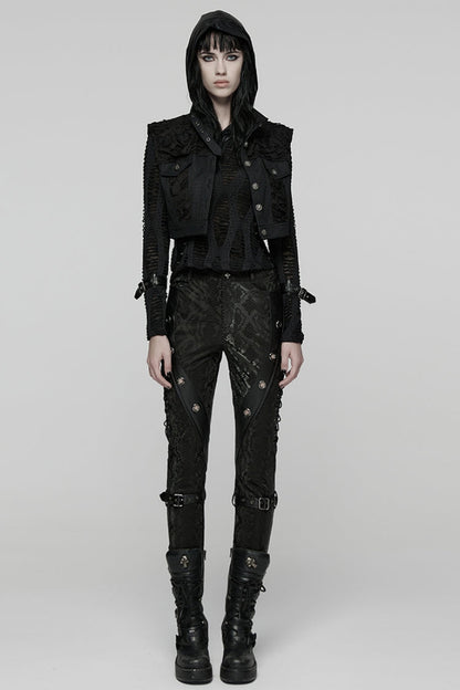 Black Stand Collar Sleeveless Ripped Buckle Women's Punk Short Vest