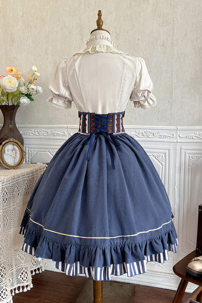 Blue Middle Ages Ruffle Embroidery Bowknot Classic Punk Vintage Lolita Skirt Full Set
