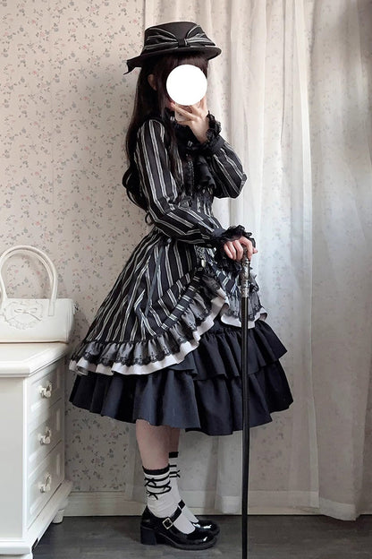 Black Stand Collar Long Sleeves Multi-layer Striped Print Ruffle Gothic Lolita Dress