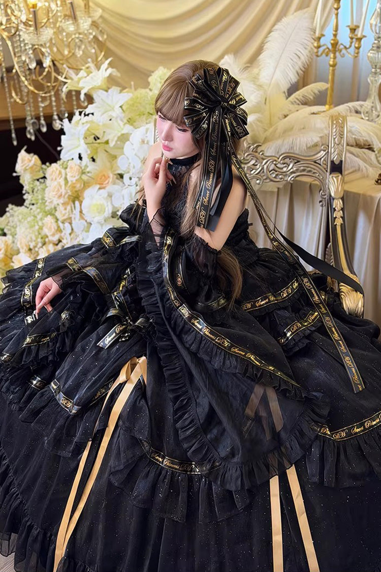 Black [Obsidian Banquet] Double-Layered Ruffled Hanayome Bow Lace Sweet Gothic Princess Lolita Jsk Dress