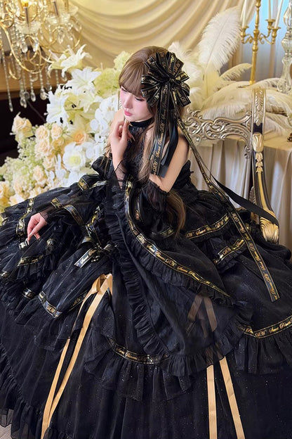 Black [Obsidian Banquet] Double-Layered Ruffled Hanayome Bow Lace Sweet Gothic Princess Lolita Jsk Dress