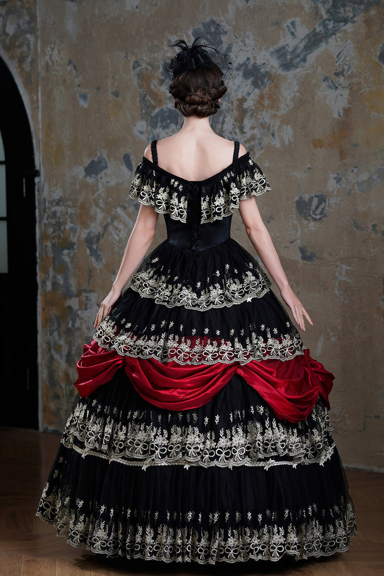 Black/Red Off Shoulder Short Sleeves Multi-Layered Ruffled Open-Front Mesh Gothic Vintage Palace Lolita Victorian Dress