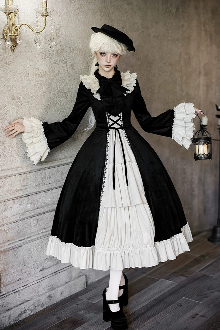 Black [Letters and Poems · Nutcracker Box] Long Sleeves Ruffled Open-Front Bow Lace-Up Gothic Lolita Dress