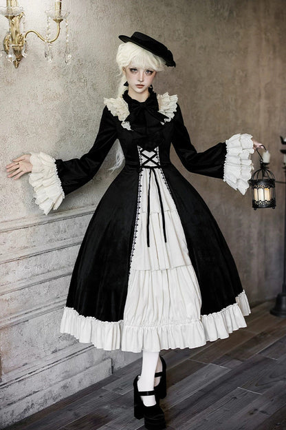 Black [Letters and Poems · Nutcracker Box] Long Sleeves Ruffled Open-Front Bow Lace-Up Gothic Lolita Dress