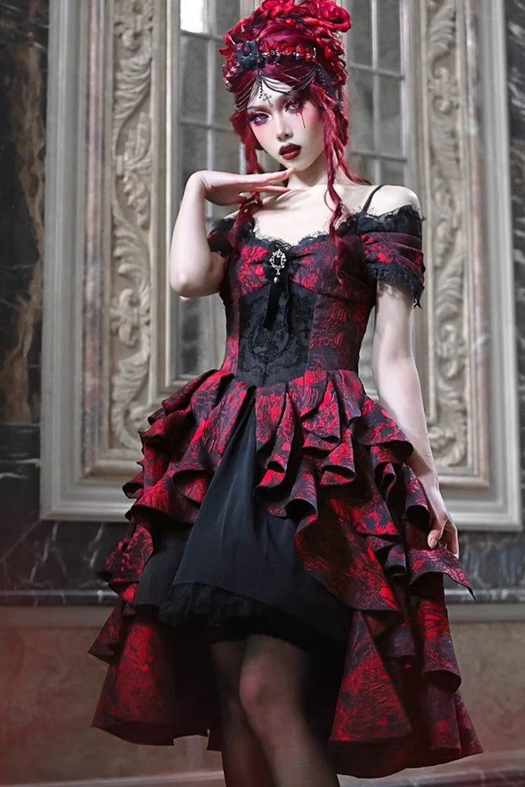 Black/Red Feast in Hades Short Sleeves Print Ruffle Cardigan Gothic Lolita Dress