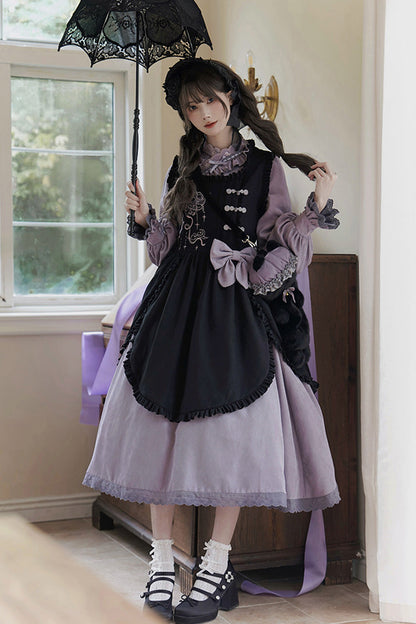 Black/Purple Petal Collar Drawstring Long Sleeves Embroidery Sweet Chinese Style Lolita Dress Two-piece Set