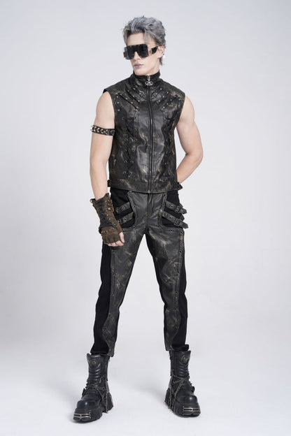 Black Stand Collar Sleeveless Strappy Stitching Zipper Men's Gothic Vest