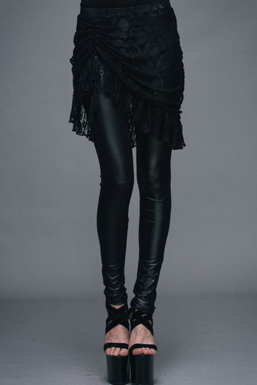 Black Rose Lace Mesh Outer Skirt Gothic Faux Leather Womens Pants