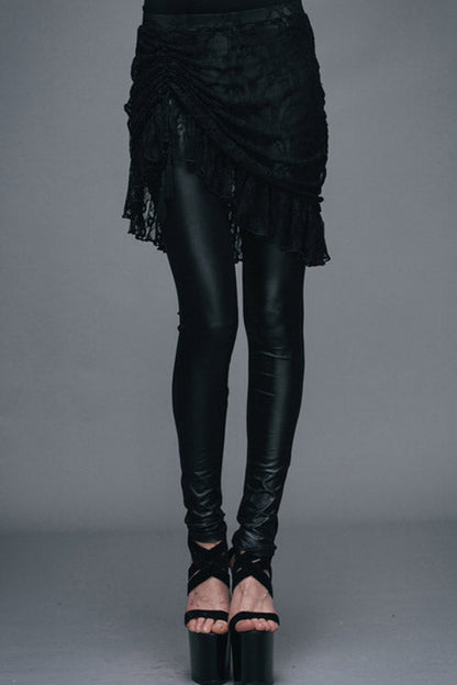 Black Rose Lace Mesh Outer Skirt Gothic Faux Leather Womens Pants