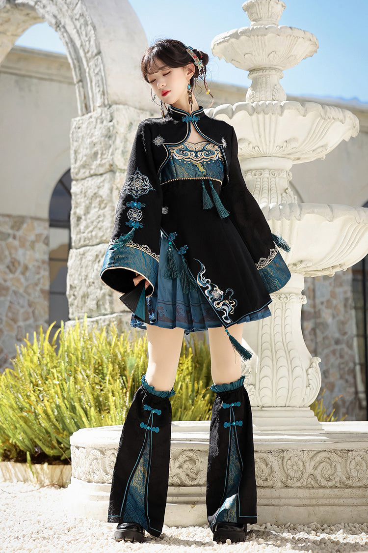 Black/Blue [Misty Teal] Long Sleeves Ruffled Cut-Out Embroidered Asymmetric Chinese Style Classic Lolita Jsk Dress Set
